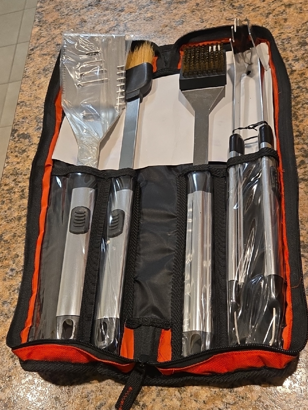 4-Piece Stainless Steel BBQ Tool Set in Silver and Black with Orange Case